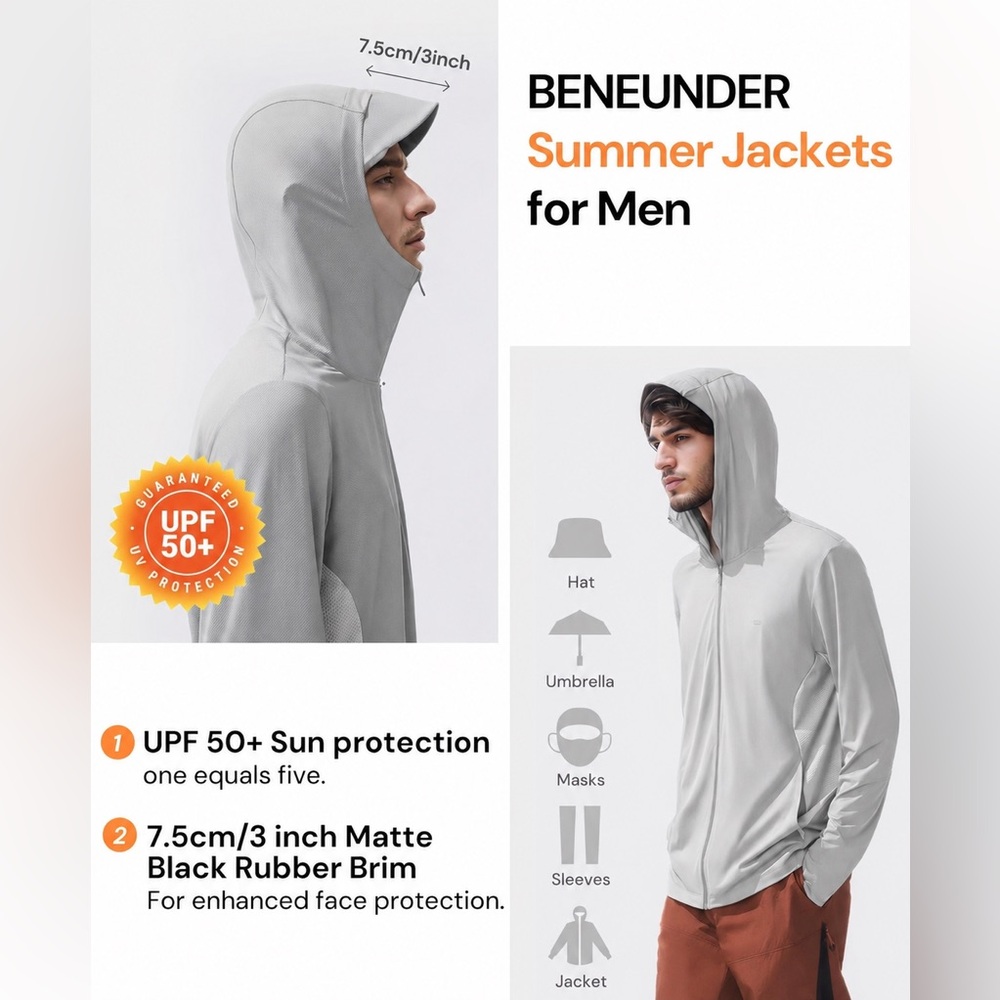 BENEUNDER UPF 50+ Sun Protection Lightweight Hoodie Jacket